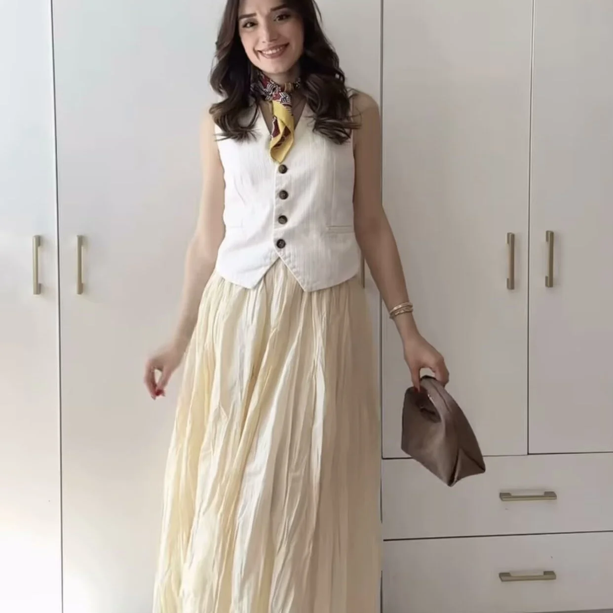

ZBZR Spring New Women's Faion Simple Match Candy Color Pleated Effect f Skirt High Waist Casual Polyester Fiber