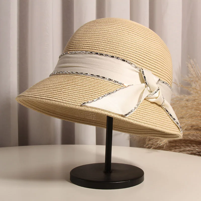 Summer Flash Diamond Bowknot Show Face Small Fisherman Hat Basin Hat Women Travel Seaside Sunscreen Hat Foldable Elegant Hat