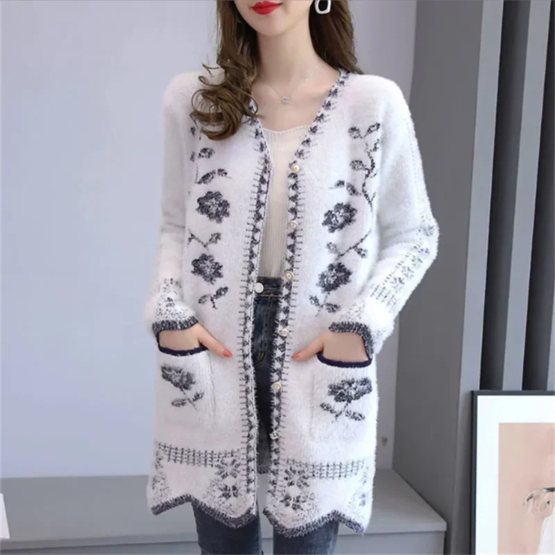 

Medium-Length Coat Women Knit Sweater Thickened Sweater Loose Cardigan Knitwear V-Neck Jacquard Long Sleeve Outerwear