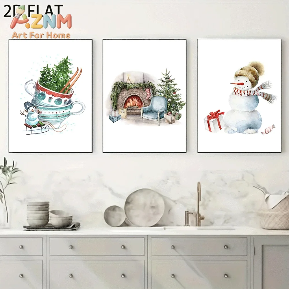 AZNM Watercolor Christmas Snowman Teacup Fireplace Canvas Wall Art, Warm Winter Xmas Tree Gift Holiday Scene Print Painting for