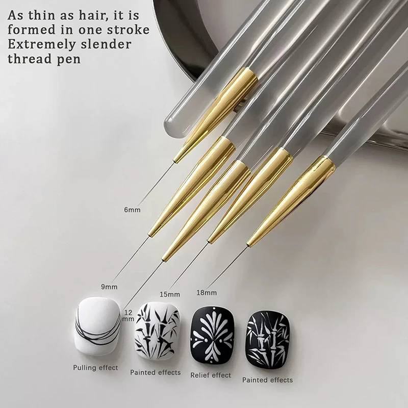 5Pcs Acrylic Handle Extremely Fine Nail Art Liner Pen DIY Painting Brush Drawing Lines Stripe Flower Painting Pen UV Gel Brush