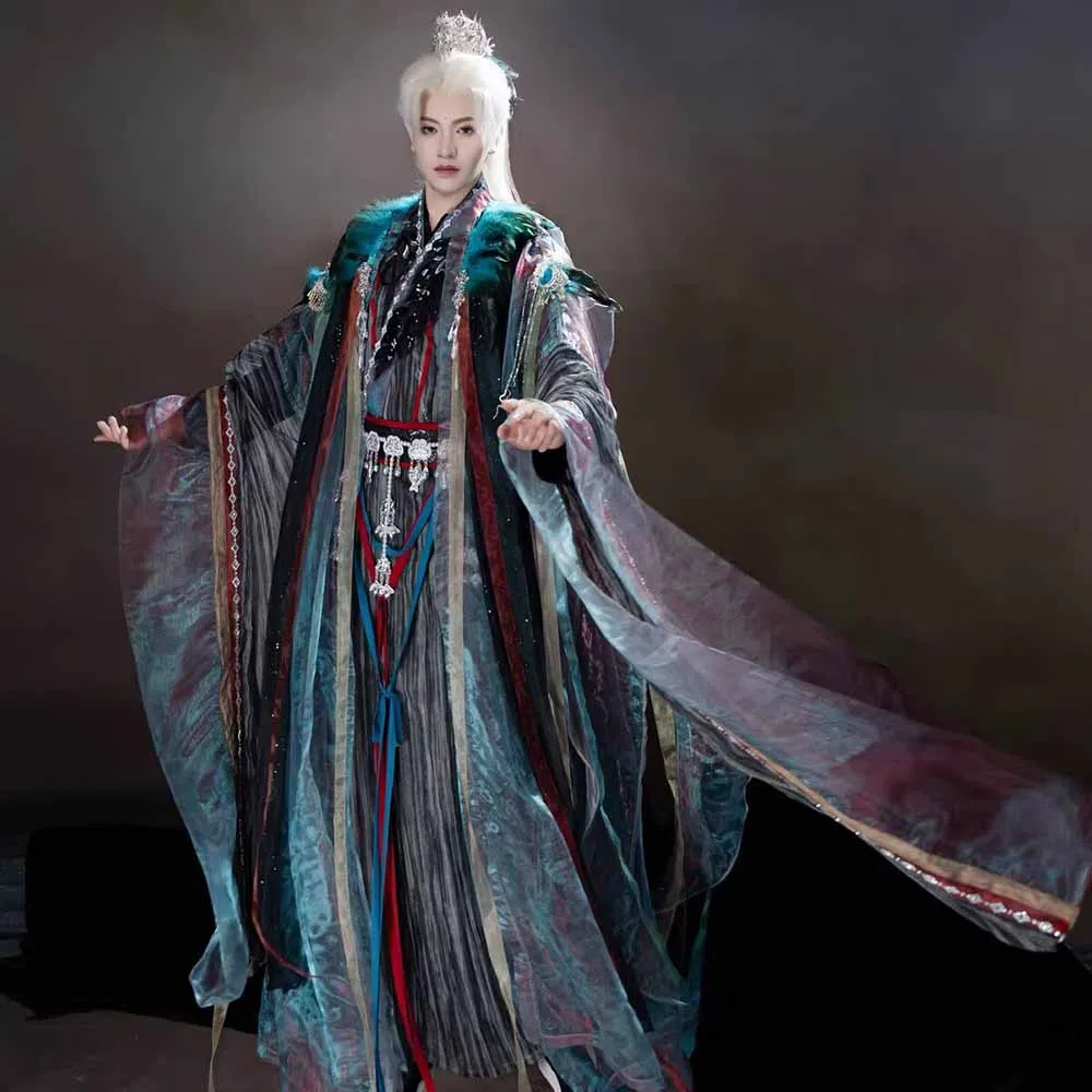 

Men Luxury Fairy Hanfu Teal Fur Trim Wide Sleeve Robe Ancient Chinese Wuxia Cosplay Costume for Halloween Stage Performance