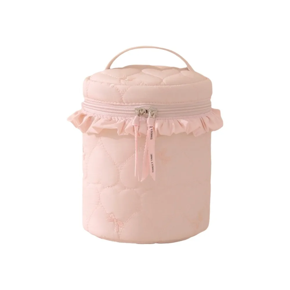 Love Pattern Cosmetic Organizer Bag Large Capacity Multi-Pocket Toiletries Bag Cylindrical Shape Candy-Colored Makeup Bag Women