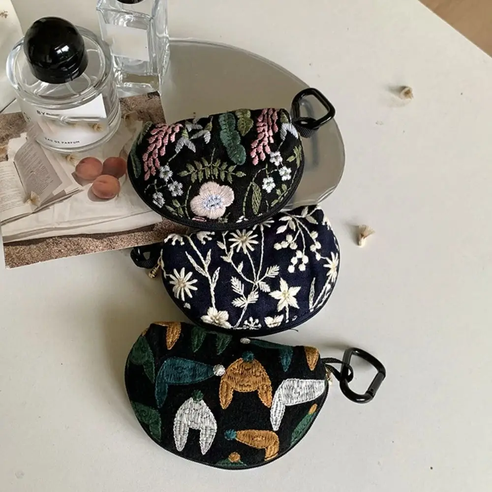 Practical Cute Embroidery Storage Bag Flower Korean Style Earphone Bag Cotton Linen Keychain Small Cosmetic Bag Student