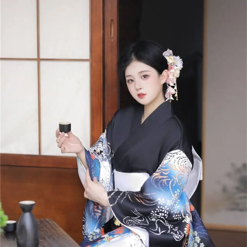 Japan Waist Bow Fashion National Trends Women Sexy Kimono With Obi Novelty Evening Dress Japanese Cosplay Costume Floral Kimono