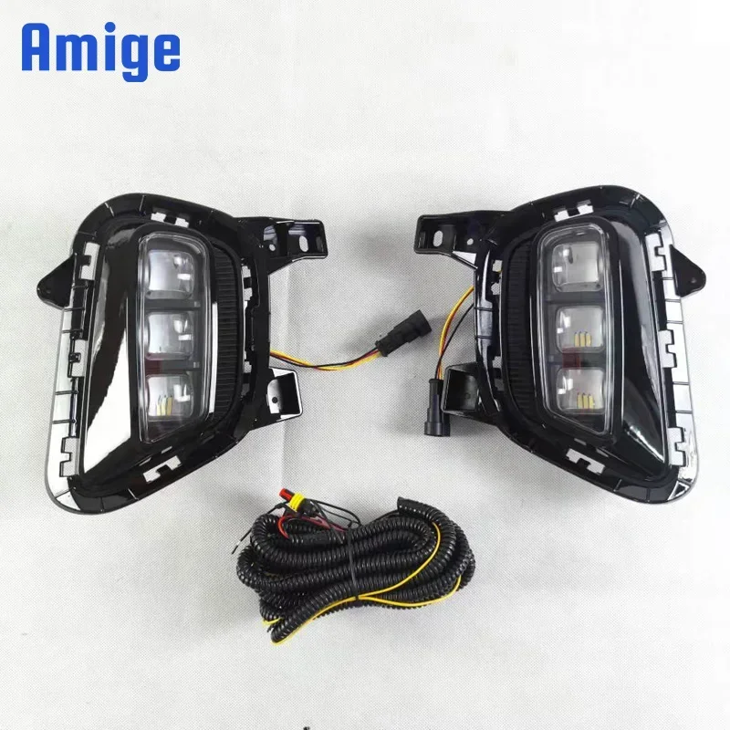 Car LED DRL 12V Daylights For Kia Sonet 2020 2021 Yellow Turn Signal Daytime Running Headlamps Auto Driving Lamp Foglamps