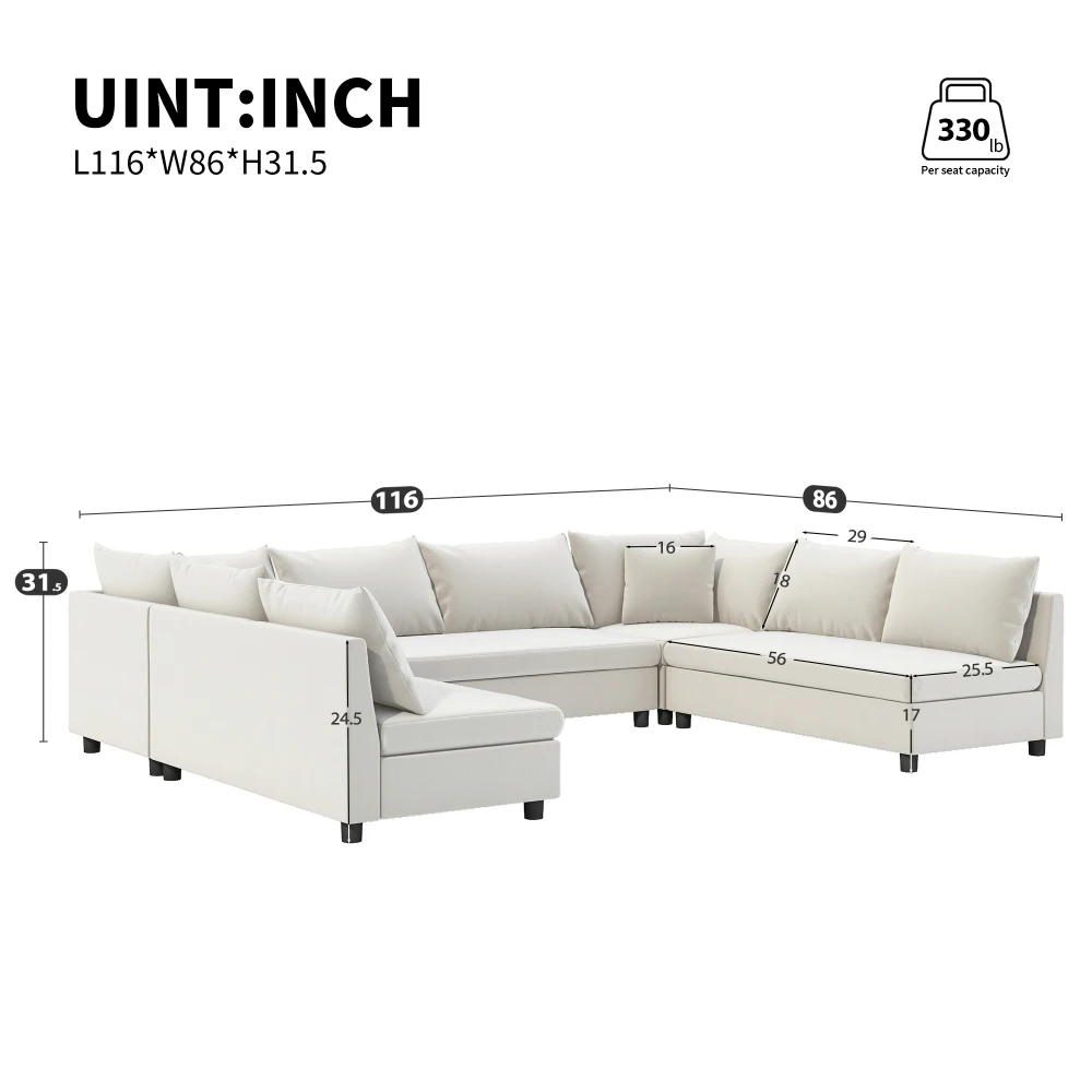 116''x86'' Modular Sectional Sofa, Reversible U-Shaped Chenille Couch, 8-Seat Convertible Sofa, Minimalist Style for Living Room