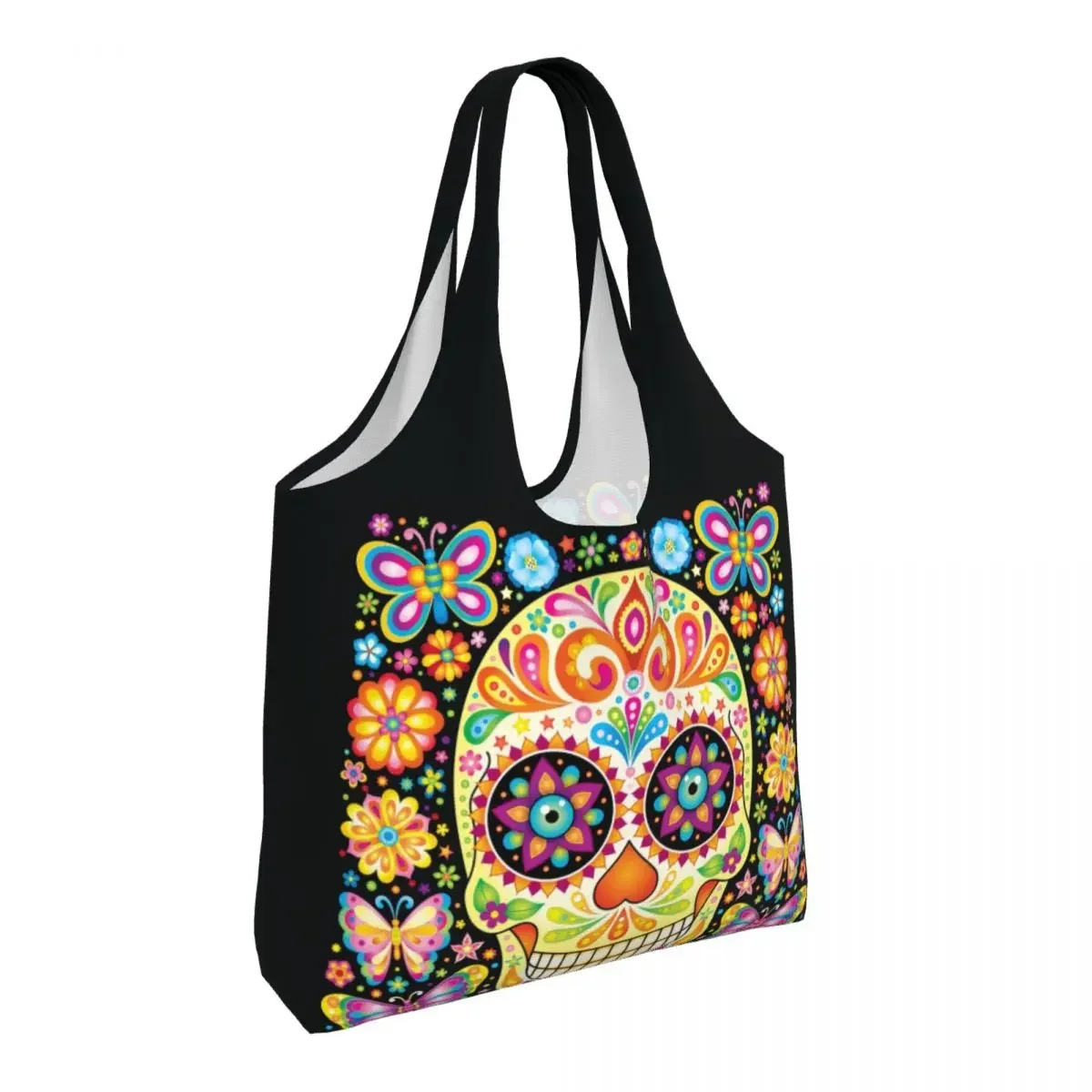 Day Of The Dead Sugar Skull Groceries Shopping Bags Canvas Shopper Tote Shoulder Bags Capacity Portable Mexican Flowers Handbag