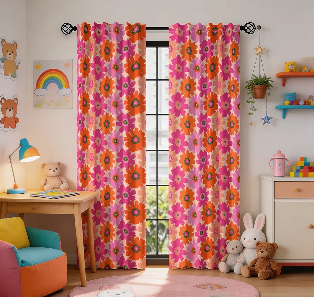2枚組デジタルプリントカーテン、ローズピンクデイジーデザイン - Home Decor Curtain のレビューと価格