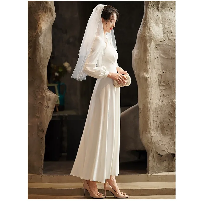 Robe de Soirée en Satin Blanc à Manches sulf, Tenue Élégante et Personnalisée pour Banquet, Bal et ixAnnuelle