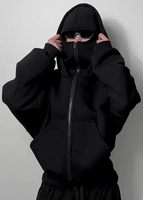 Fashion Double Layer Hooded Design Balaclava Hoodie Y2k Retro Oversized Loose Zipper Hoodies Men Women Streetwear Sweatshirt