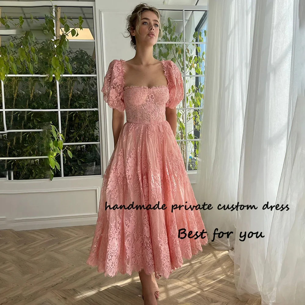 

Pink Lace A Line Prom Party Dresses for Women Short Sleeve Sweetheart Fairy Evening Dress with Pocktes Tea Length