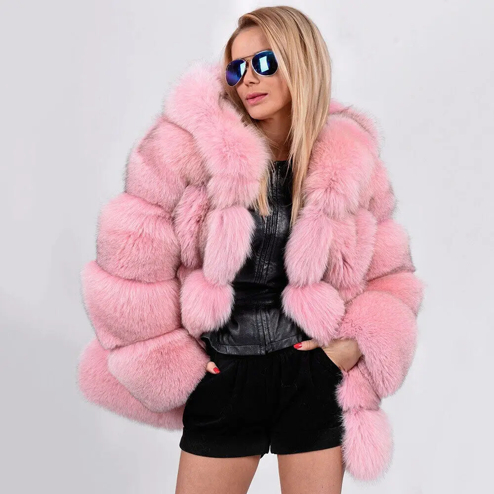 Mode Roze Dames Echte Vossenbontjassen Elegante Natuurlijke Bont Capuchon Warme Dikke Overjas Vrouwelijke Winter Echt Bont Jas