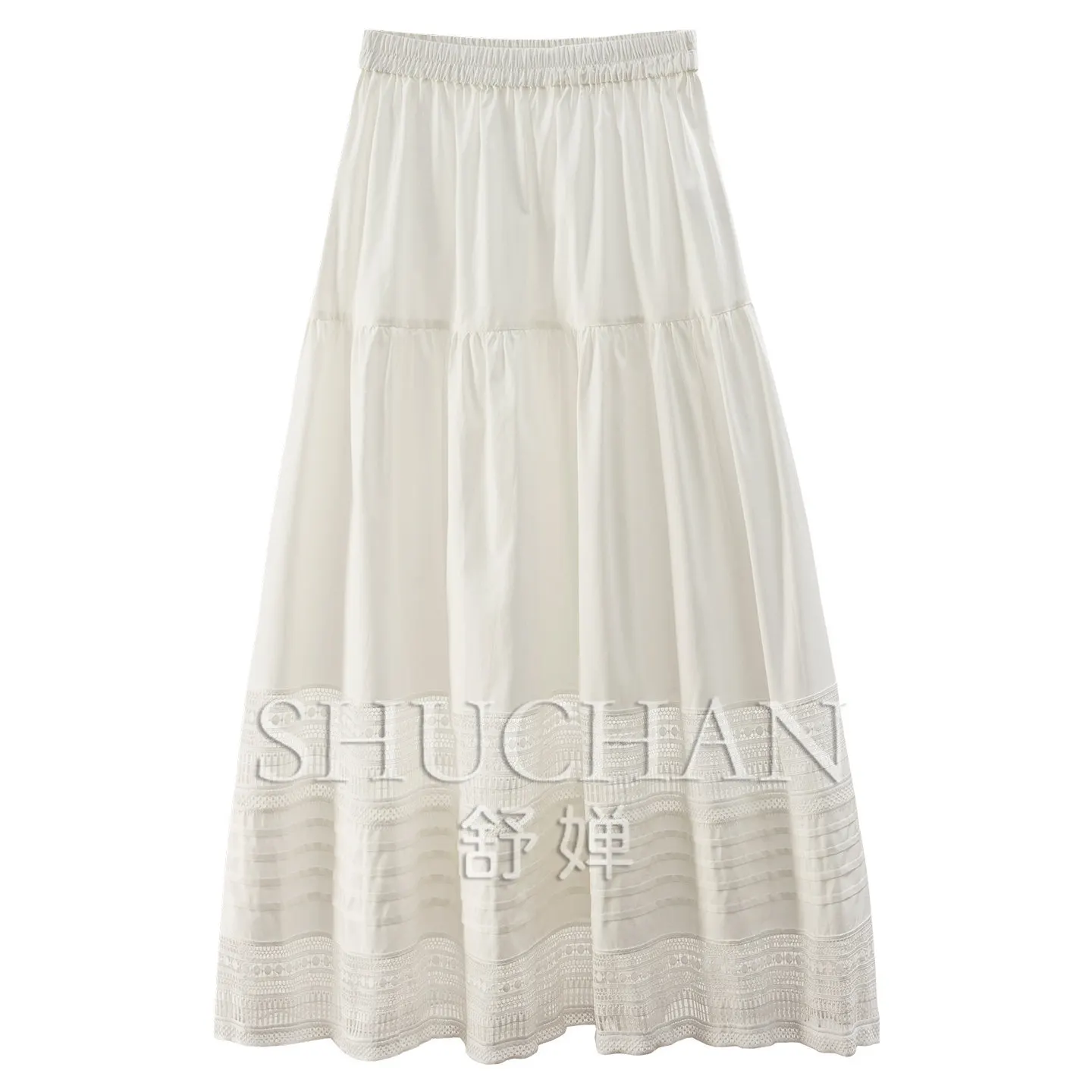 Literary and Artistic Delicacy Skirt French  Cotton Lyocell Spell Hollow Embroidery Elastic Waist A-shaped Skirt Women 25W1