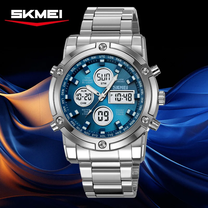 SKMEI 2556 Fashion LED Digital Watches Mens Hands Full Steel Strap 3 Time Quartz Wristwatch Countdown Clock Relogio Masculino