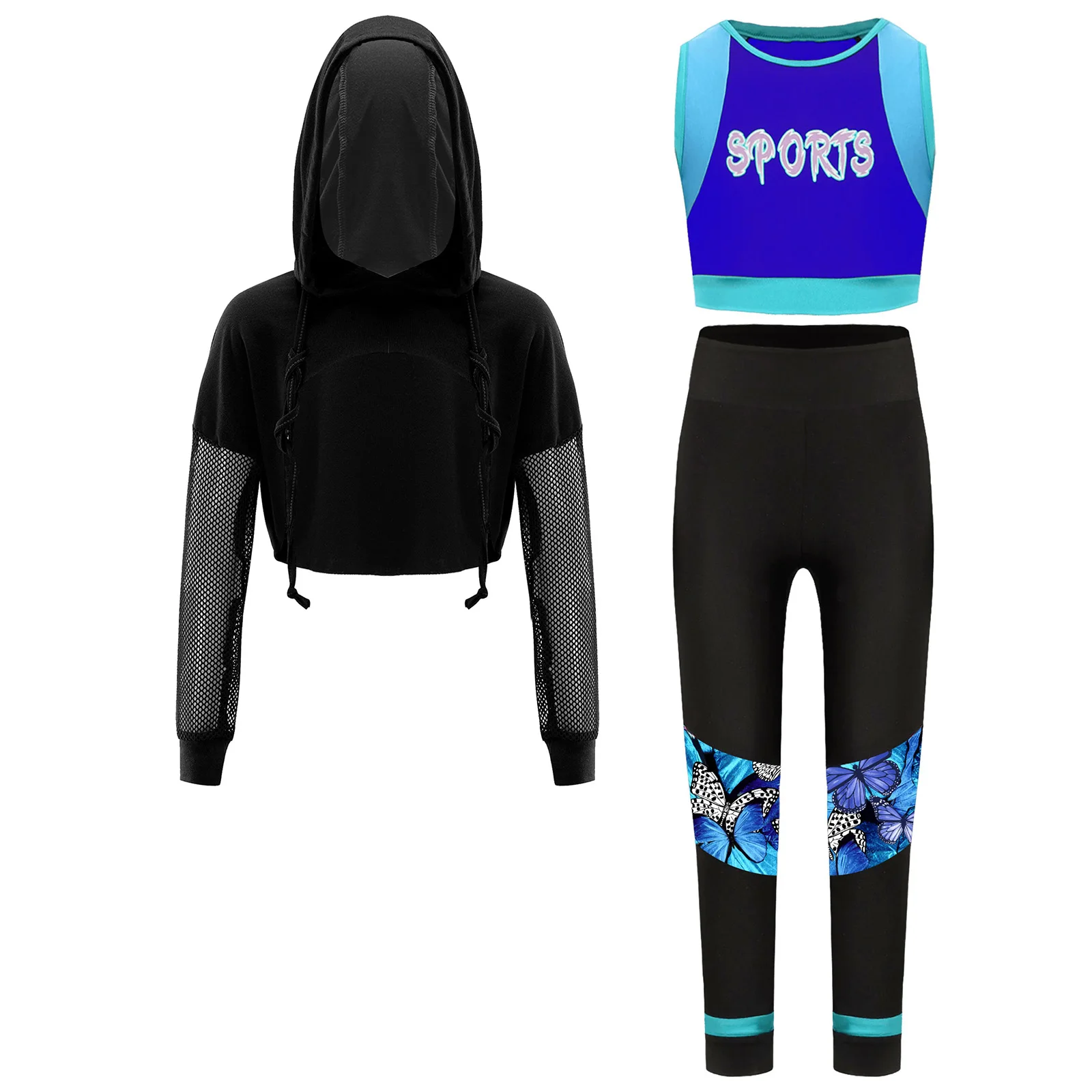 Girls Athletic Outfit Gymnastic Dance Workout Tank Crop Leggings with Long Sleeve Hooded Crop Top Suit Fitness Street Dancewear