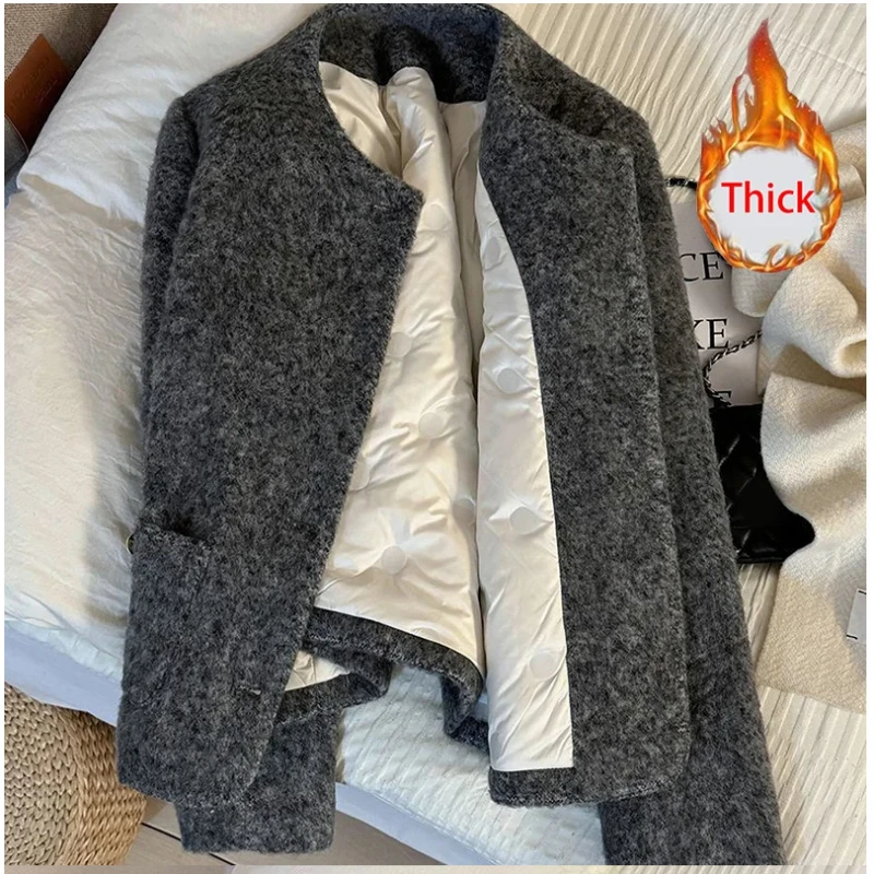 

Vintage Faux Woolen Gray Coat Women High Quality Thick Warm Long Sleeve Slim Jacket Korean Elegant Single Breated O Neck Female