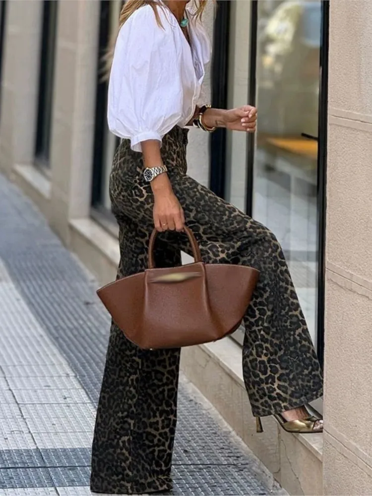 ファッションヒョウ柄ロングパンツ女性のためのカジュアルハイウエストワイドレッグパンツ女性の休日ストリート女性の服春の新
