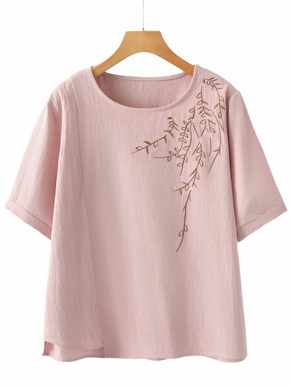 Elegant Mommy Style round Neck Short Sleeve T-Shirt Cotton Linen Embroidery Mid-aged And Elderly Size Large New Arrival Summe...
