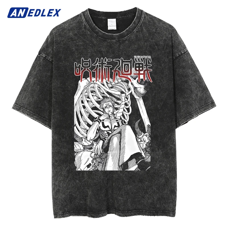 

Men Washed Short Sleeve T Shirt Japanese Anime Graphic Print Vintage T-Shirt Hip Hop Streetwear Summer Loose Cotton Tshirt Tops