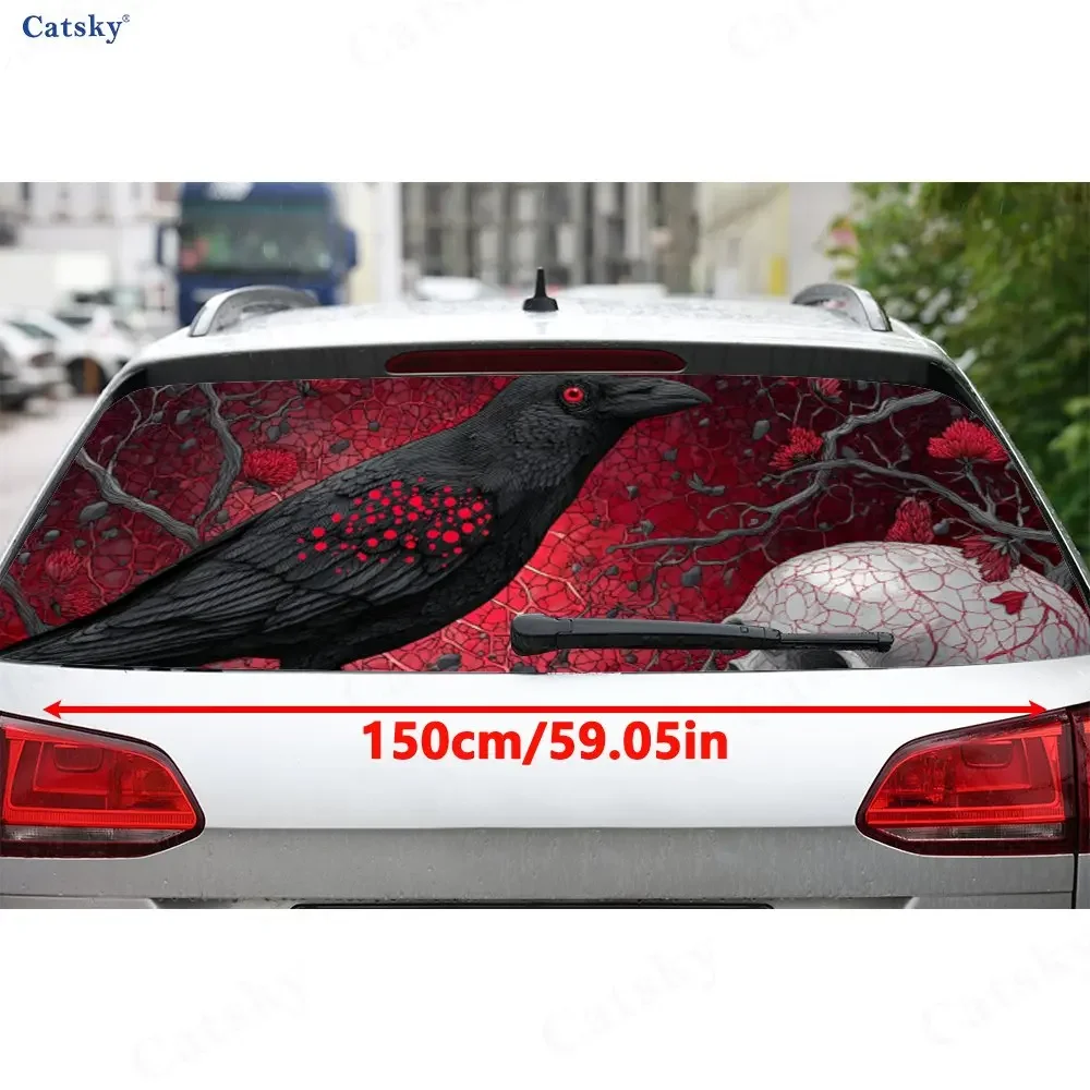 Gothic Dark Raven Skull Scene PVC Perforated Car Vinyl Wraps, Durable Car Rear Windshield Sticker, Waterproof Car Rear Window De