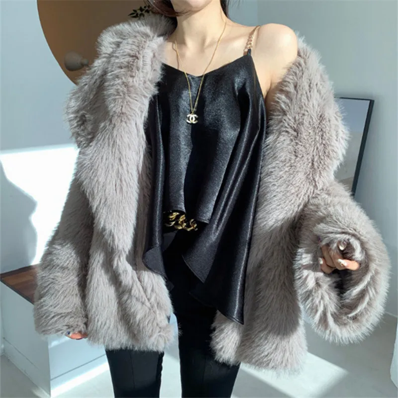 2022 Winter Coat Women Loose Faux Fox Fur Jacket High Quality Luxury Fashion Lapel Plush Fur Coat Female Thick Warm Overcoat