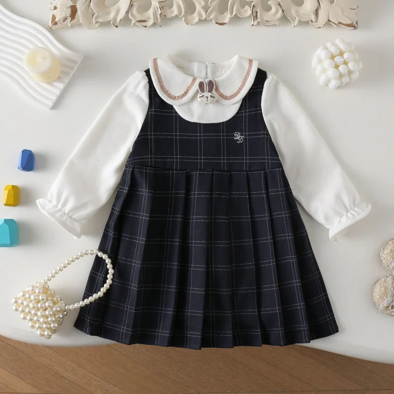 

New Autumn Girls' Stylish Fake Two-Piece Bowknot Dress with Patchwork Sleeves