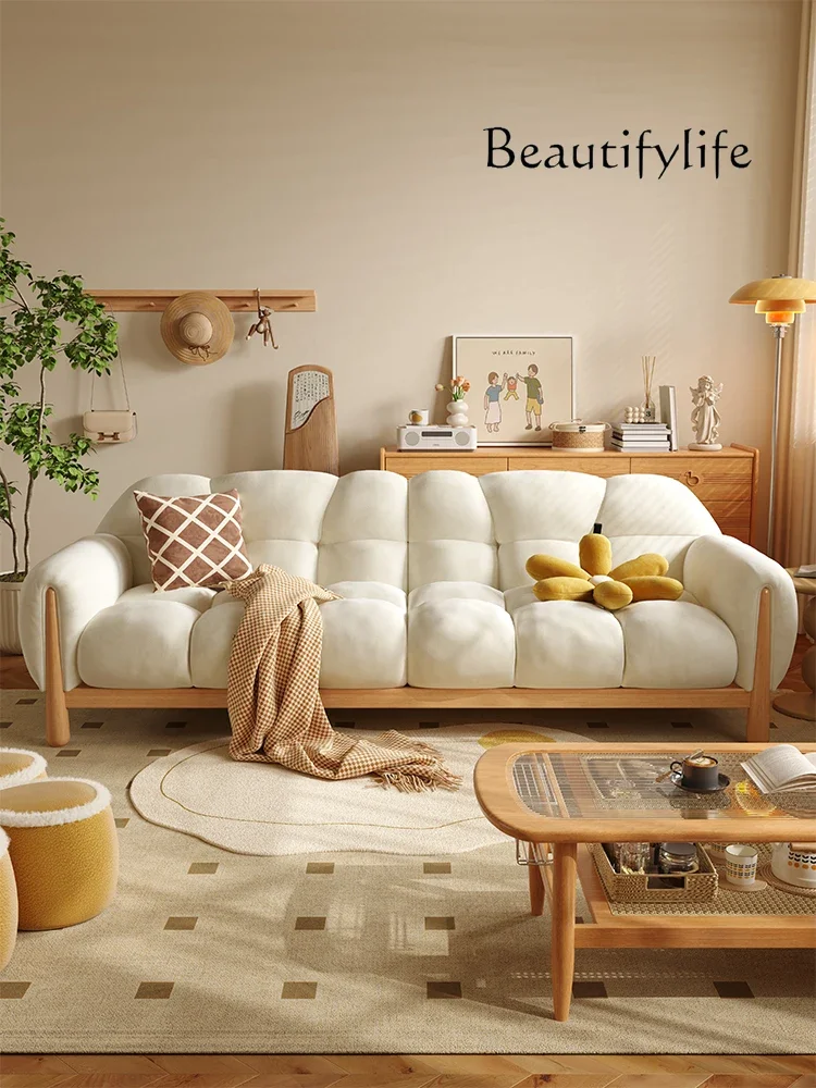 Nordic and Japanese Style Solid Wood Sofa Small Apartment Living Room Three-Seat Log Cream Style Fabric Sofa