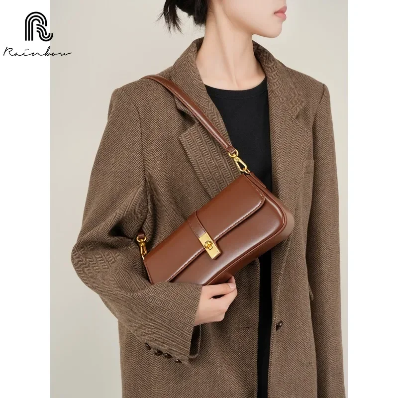 

RAINBOW New Trendy High Quality Vintage Fashion Genuine Leather Handbag Underarm Baguette Bag for Women Female Chic Deisgn