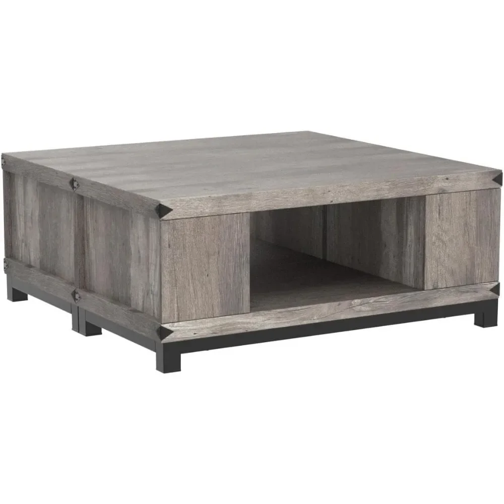 Coffee Table with Storage Drawers, Square Tea Tables with Double Storage Shelves, LED Coffee Table