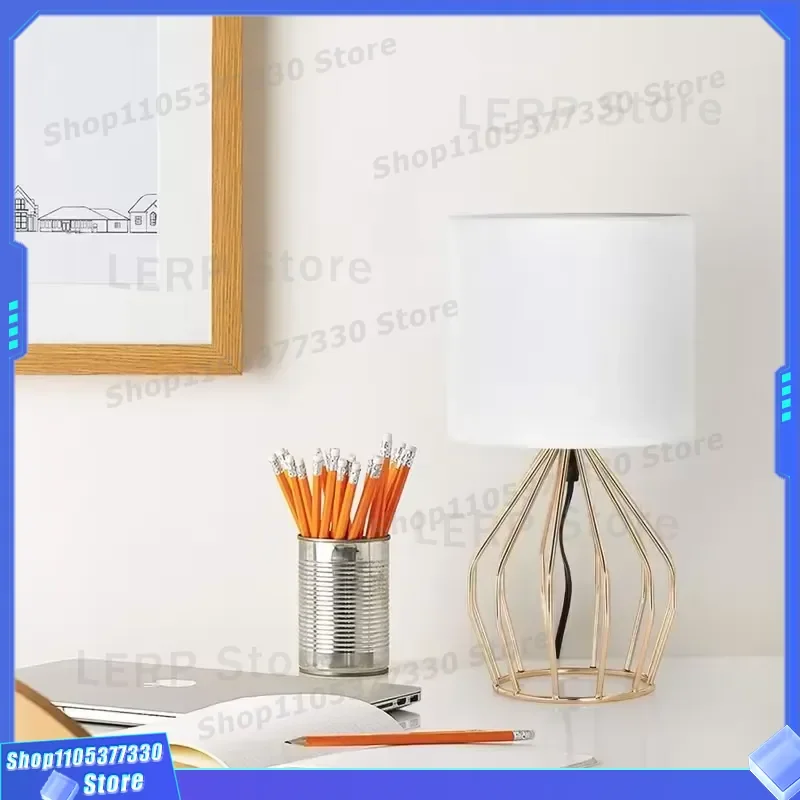 Modern Gold Table Lamp with Linen Shade Hollow Base Small Bedside Night Light for Bedroom Living Room Home Interior Decor
