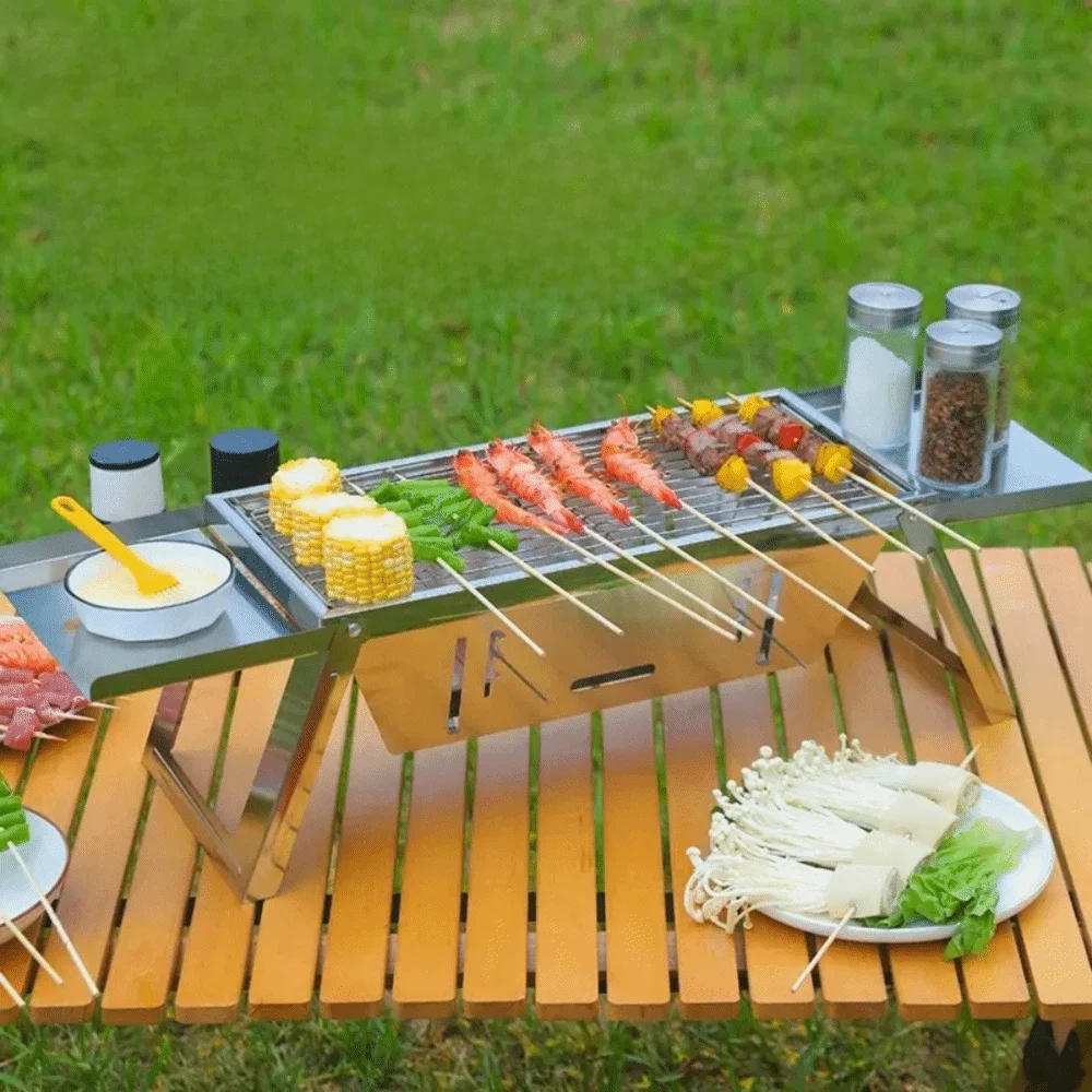 

Stainless Steel Folding Barbecue Stove Adjustable Heat Setting Rust-proof Grill Rack Extendable Barbecue Shelf Outdoor