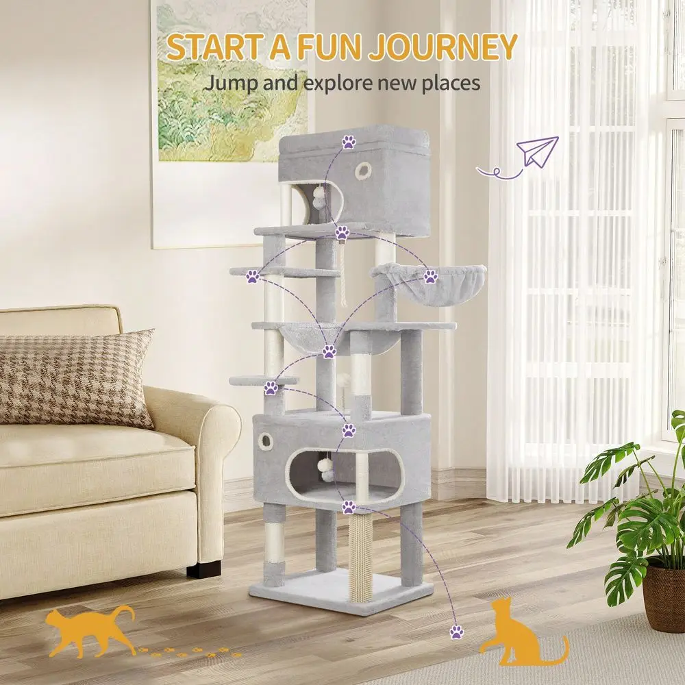 

70 Cat Tree For Indoor Cats, MultiLayer ching Post With Large Platform, 2 Caves, 7 Sisal Posts, Pompoms, Cat Basket, Hammo