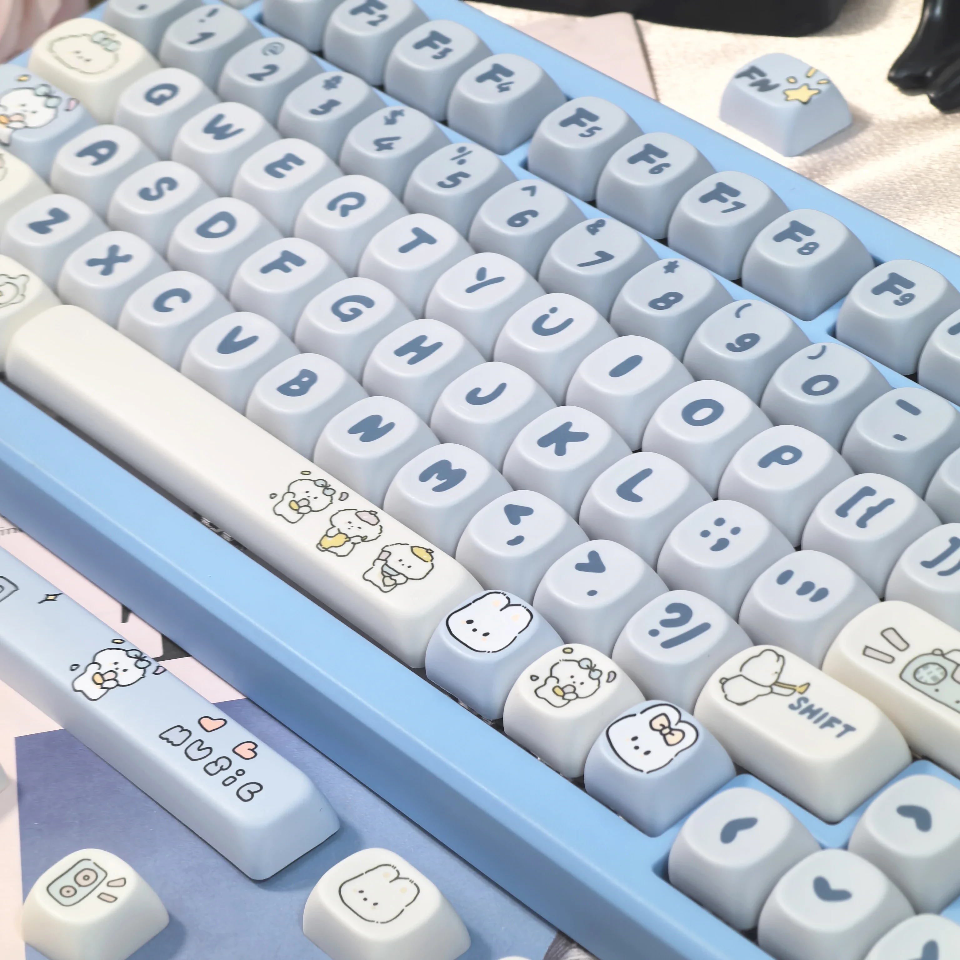 Keycap kelinci biru tema 112Key MOA PBT sublimasi untuk Keyboard Diy anak anjing berbintik Keycap anjing musik