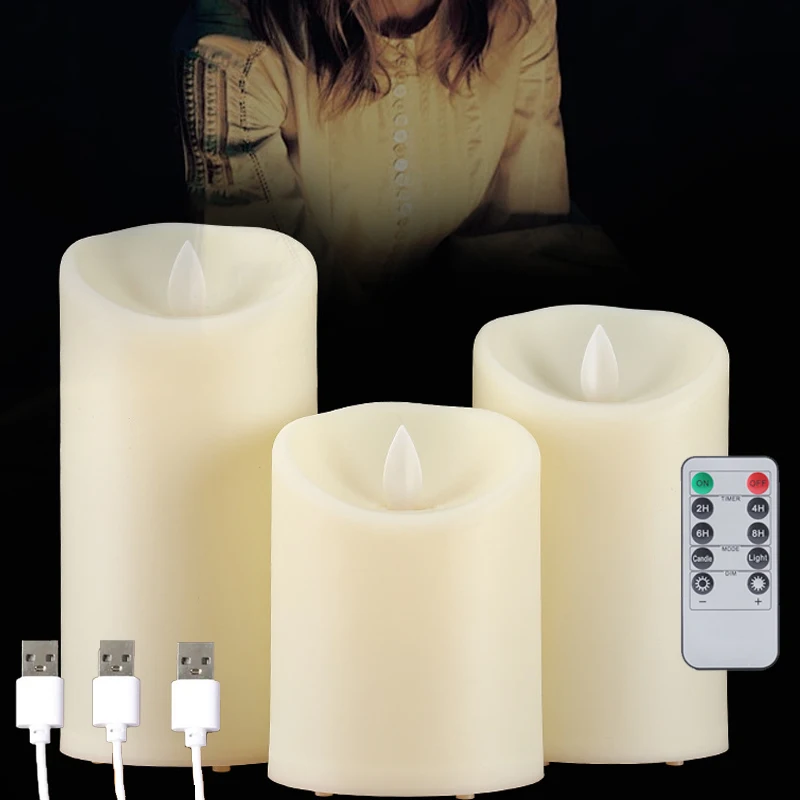 Pair Rechargeable Flameless Votive Candles Battery Operated USB Pillar Candle &Remote and Timer, DIY Xmas Wax LED Window Lamp