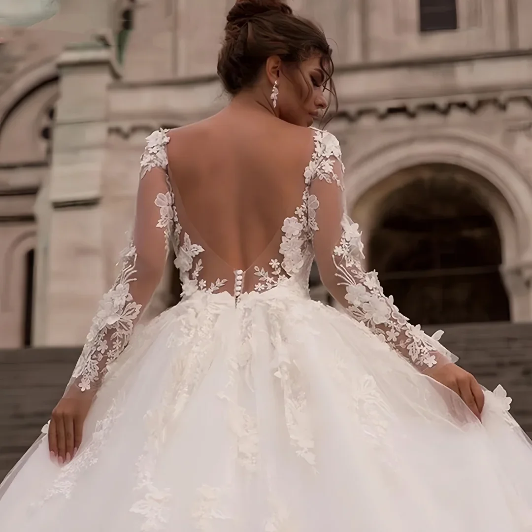 Customized Exquisite Charming Wedding Dresses Organza Embroidery Princess Ball Gown Full Sleeve Bride Backless Vestido De Novia