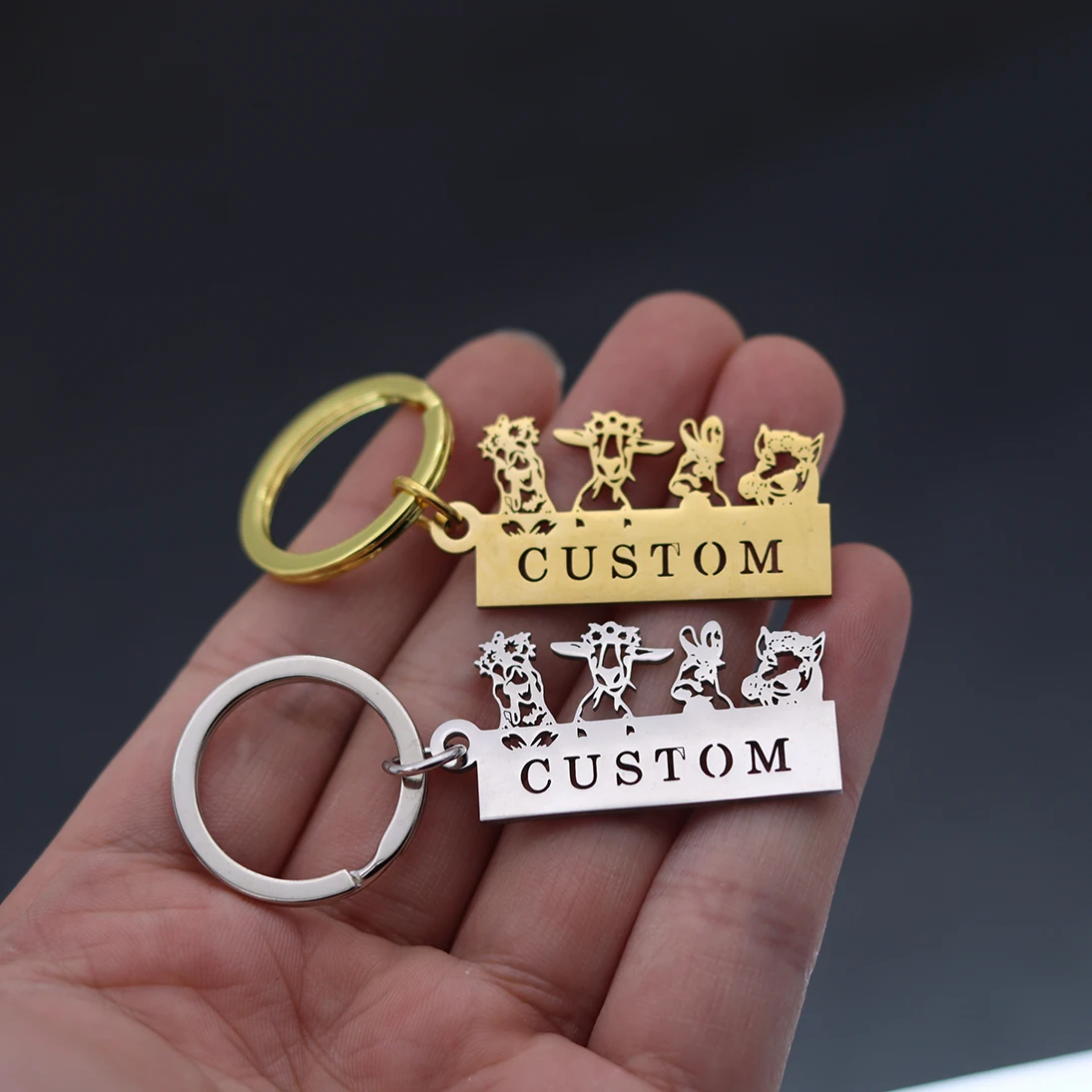 

QIAMNI Cute Animal Cow Horse Sheep Keychain Personalized Stainless Steel Custom Name Keyring for Women Men Car Handbag DIY Gift
