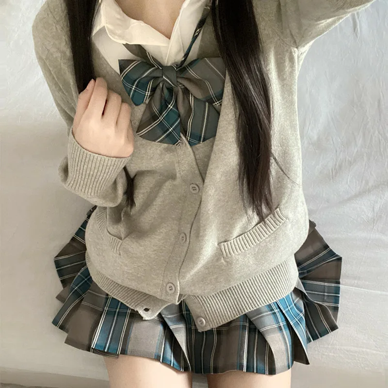 Japanese and Korean Campus Style Genuine JK School Uniform Autumn and Winter Suit Cardigan Checkered Skirt Shirt All-match Women