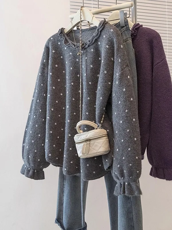 

Polka Dot Lace Long Sve Knitted Sweater Women's Base irt Top plus Size Casual Sle round Ne Thiened Winter Faion