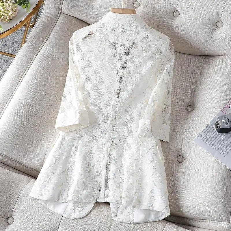 2024 Spring Summer Suit Women Coat 4XL Size Sunscreen New Lace Flower Blazers Blouse Jacket Air-Conditioned