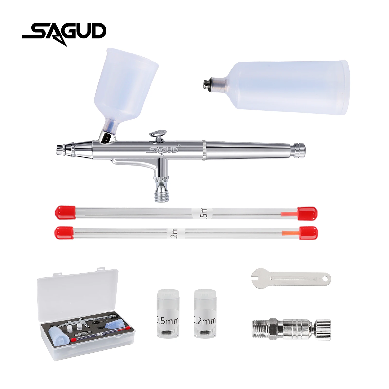 

SAGUD Gravity Feed Airbrush Kit Dual-Action Spray Gun with 0.2/0.5mm Nozzles & Cups, for Hobby Painting, Model Craft & Nail Art