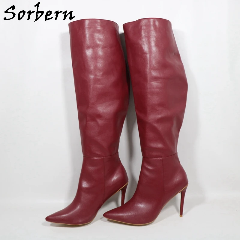 

Sorbern Wine Red Широкие женские сапоги до колена на высоком каблуке-шпильке с острым носком без шнуровки размера плюс EU47 48 Весенний стиль