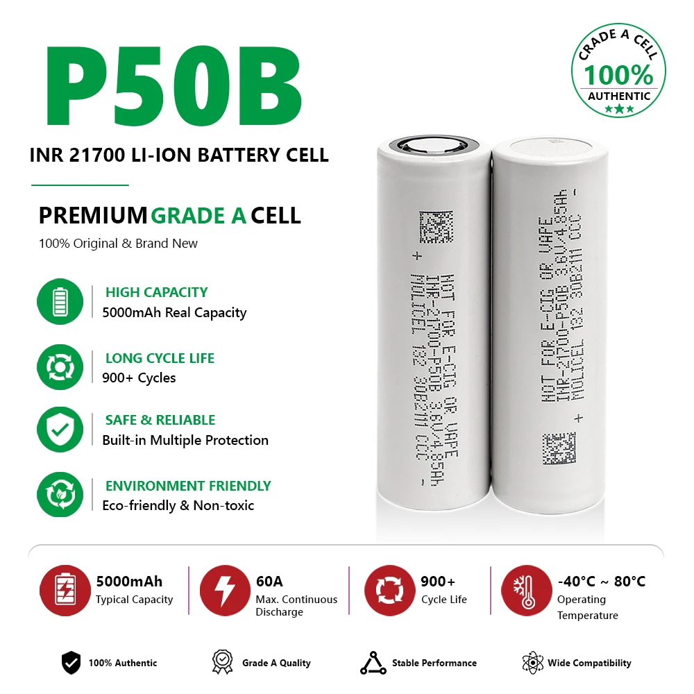 For Molicel 21700 P50B 60A 3.7V High Capacity 5000mAh Solid State LiCoO2 Cathode 1000 Cycles Cylindrical Battery for Power Tools