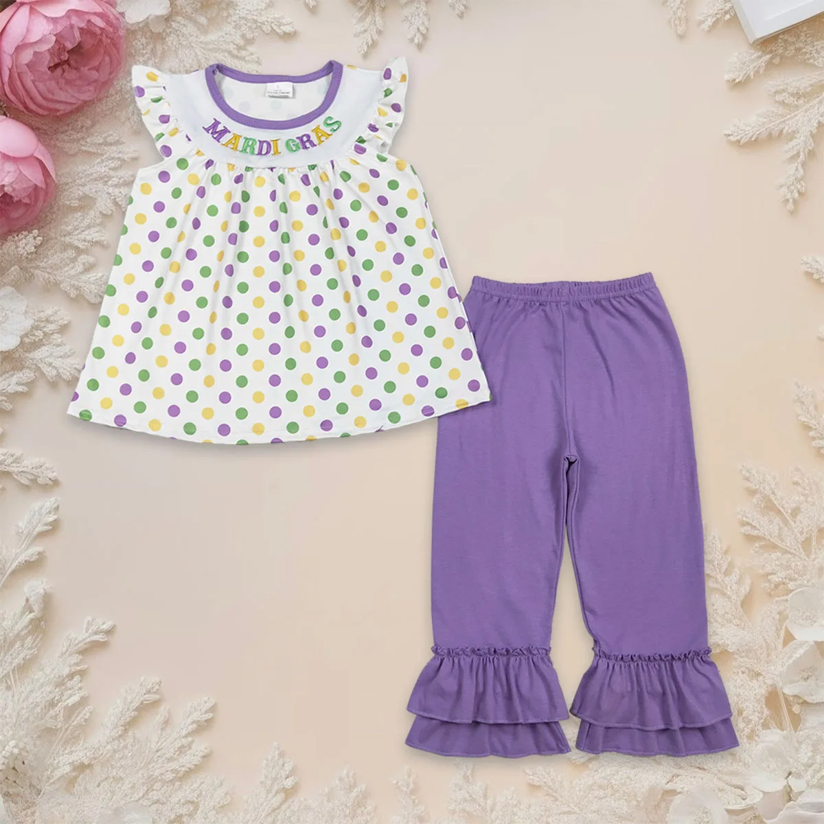 

Baby Girl Short Sleeve Embroidery Mardi Gras Polka Dots Tops Kids Set Ruffle Pants Children Infant Toddler Outfit Wholesale
