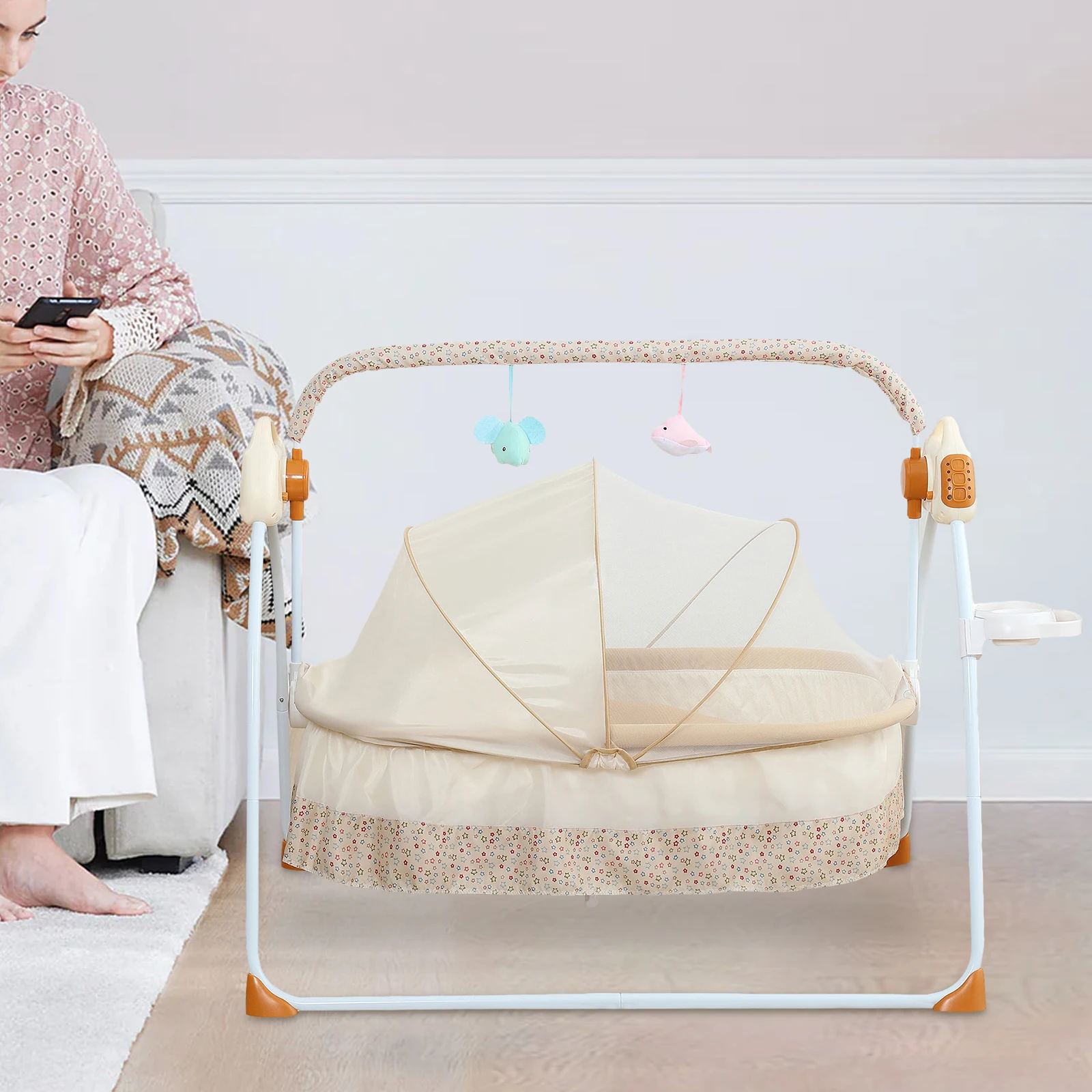 Electric Cradle Foldable Electric Baby Cradle w/ Music Dual Control, Mosquito Net & Swing, 5-Level Adjustable Rocking Bassinet