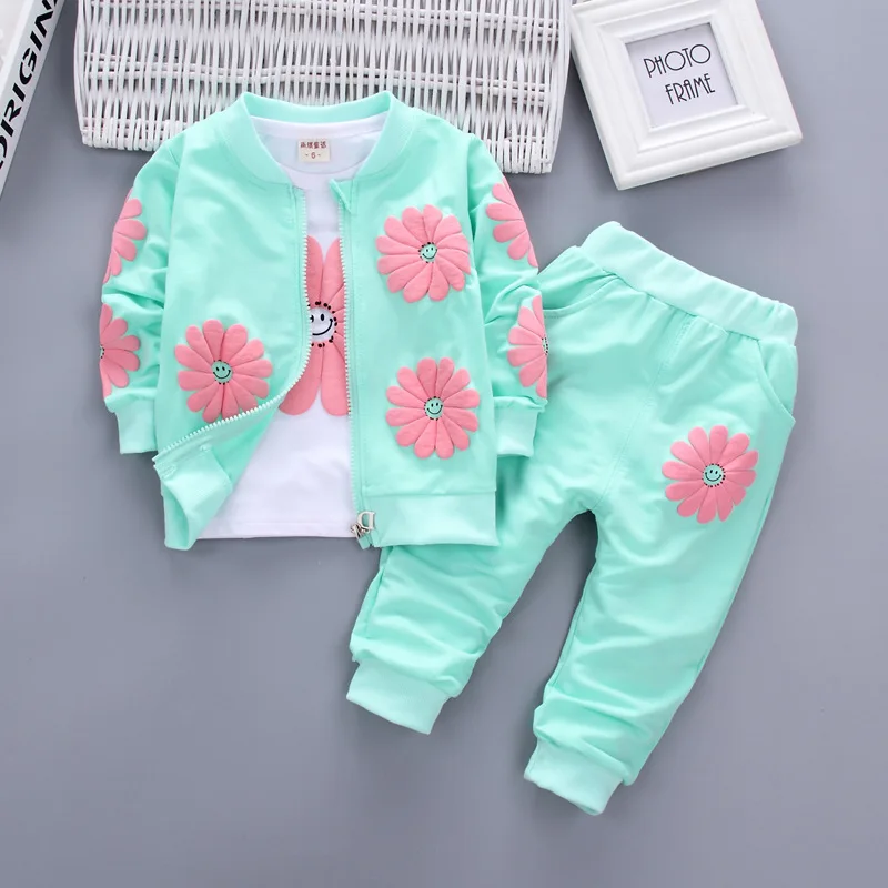 Children's Set Korean Girls' Spring Autumn printing Zipper Coat+Long sleeved T-shirt+Long Pants Set Infant Three Piece Set 0-4Y