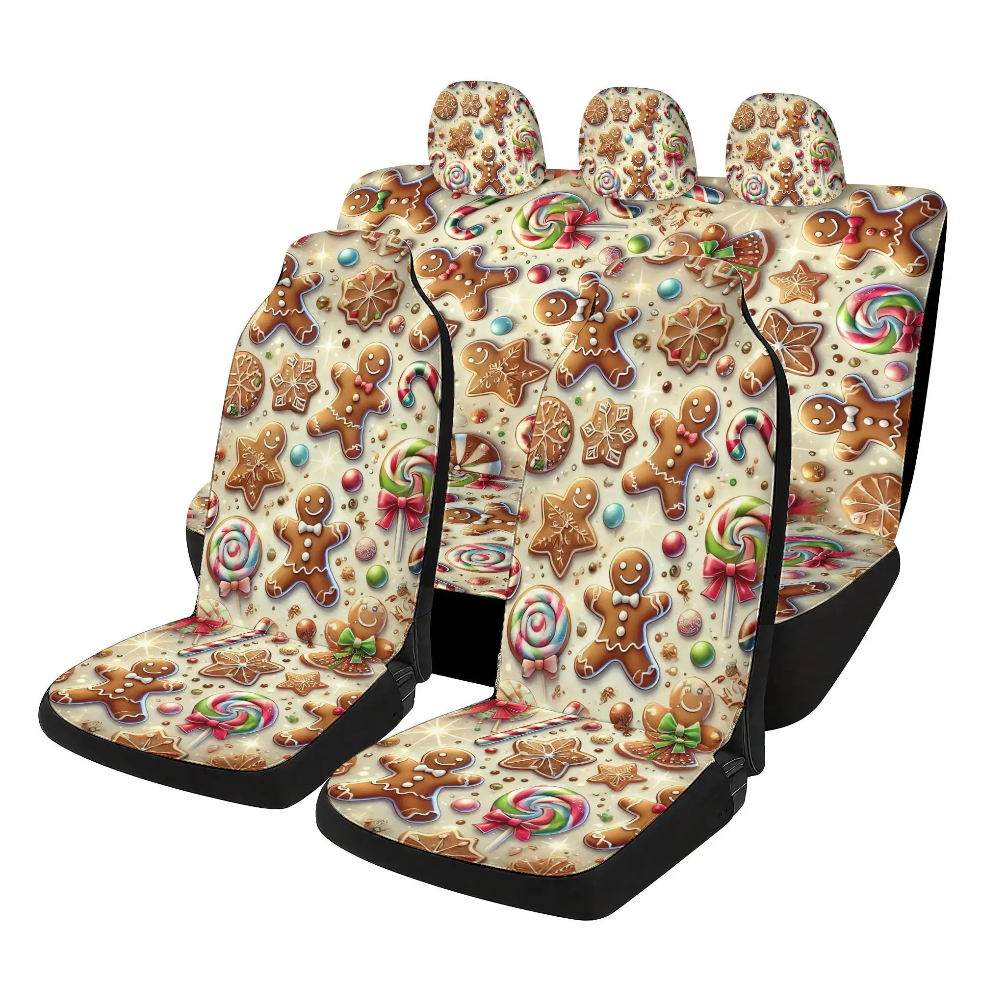 Set Of 7 Christmas-Themed Car Covers, Featuring 2 Front Covers, 1 Rear Back Cover, 1 Rear Cover, And 3 Headrest Covers, Designed