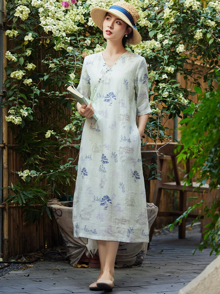 

100% Ramie Women Casual Dress New 2026 Summer Chinese Style V-neck Floral Print Loose Comfortable Female Long Dresses 2751