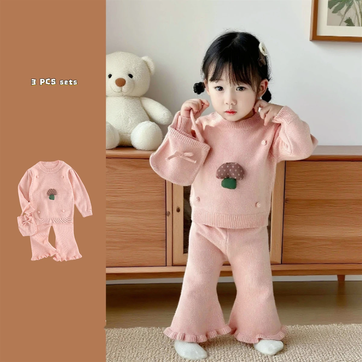 

Autumn Infant Baby Girls 3piece Set Small Mushroom Knit Toddler Girls Tops Pink Stretchy 1-3Y Baby Girls Flared Pants Package