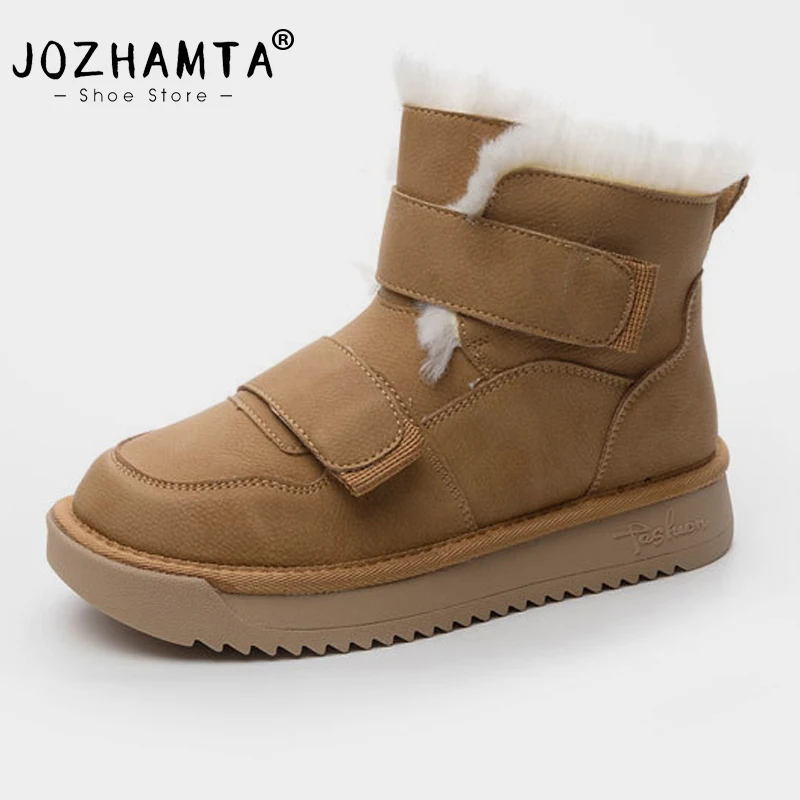 JOZHAMTA 2025 News Women Ankle Boots Round Toe Real Leather Motorcycle Warm Fur Short Snow Boots Winter Low Heel Shoes 35-40